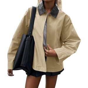 Womens Khaki Canvas Lightweight Barn Chore Jacket Faux Leather Trim Zip Up LRG